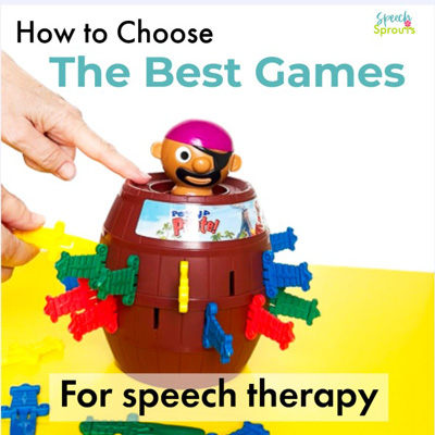 How to choose the best games for speech therapy. The Pop-up Pirate game is shown. The pirate is in a barrel full of swords. A hand is inserting another sword in the barrel.