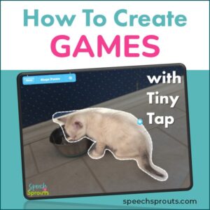 How to create speech therapy games with the Tiny Tap App: A white kitten drinking from a water bowl is outlined with a dotted line to make a shape puzzle