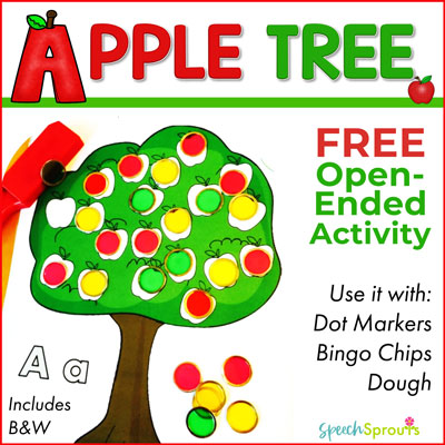 A free preschool apple tree printable in both color and black and white. The green tree shown has white dot spaces that can be covered with bingo chips .