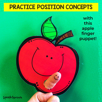 A printable red apple finger puppet with a finger through it for the "worm"