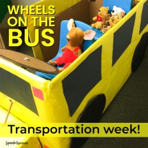 A Wheels on the Bus activity for transportation week! We created a child-sized cardboard box bus made by covering the box with yellow paper and black paper wheels.. The two small blue chairs are set inside the box, and they hold several stuffed animal "passengers."