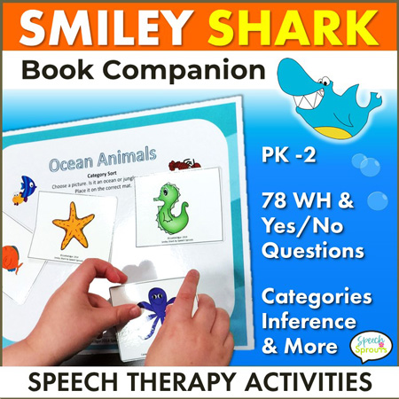 Smiley Shark Book Companion. A child is placing cards with ocean animals onto a sorting mat. 