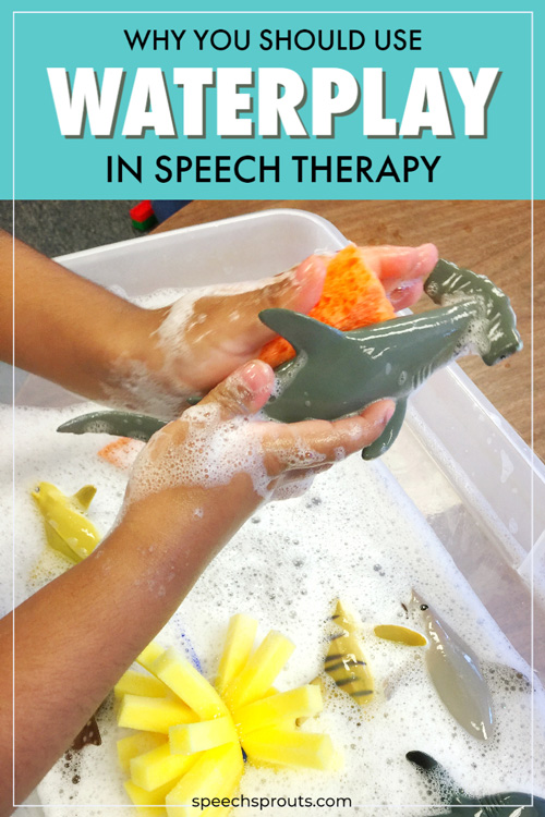 A child's hands washing a toy shark in soapy water. Why you should use waterplay in preschool speech therapy.