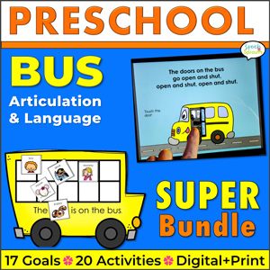 Wheels on the bus speech and language activities super bundle. A digital story is shown on an ipad and a school bus mat with square windows is on shown. There are animals and people cards to place in the windows of the bus.