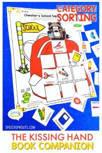 Speech therapy back to school activities for The Kissing Hand – Which pictures are school supplies? Glue them on the backpack. A category sorting activity from the Kissing Hand book companion by Speech Sprouts