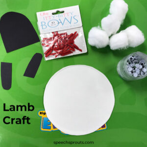 The supplies for a lamb craft, includingblack and white construction paper, glue, wiggle eyes, small ribbon bows and cotton balls.