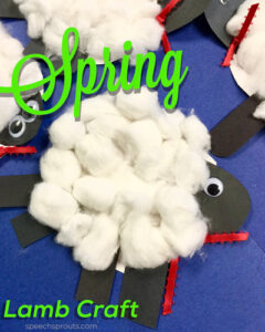 A spring lamb craft  made with white and black construction paper, cotton balls and wiggle eyes.