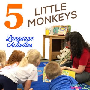 Five Little Monkeys Language Activities. The SLP is on the floor with a crocodile puppet and four children around her as she reads the 5 Little monkeys Book.