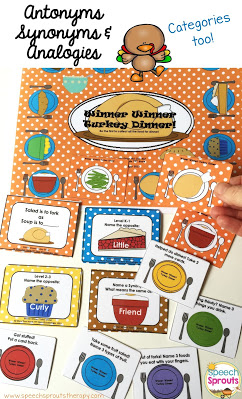 Winner Winner Turkey Dinner speech therapy game has cards for analogies, synonyms, antonyms and categories. Great for language practice in elementary, kids collect the dinner plate cards to win this fun game. #speechsprouts