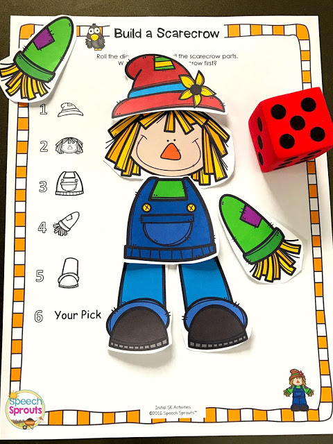 The materials list you need for preschool speech therapy including this Build a Scarecrow Game #speechsprouts  #speechtherapy #preschool  #speechtherapymaterials #speechtherapyarticulation #speechtherapylanguage #fallspeechtherapyactivities