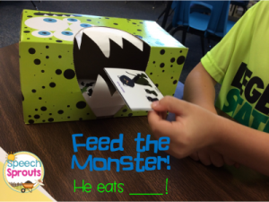 A green tissue box monster with construction paper teeth. Children "feed" their cards to him in speech therapy.