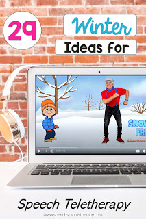 29 winter ideas for speech teletherapy including brain break winter songs as shown on this laptop. #speechsprouts#speechtherapy