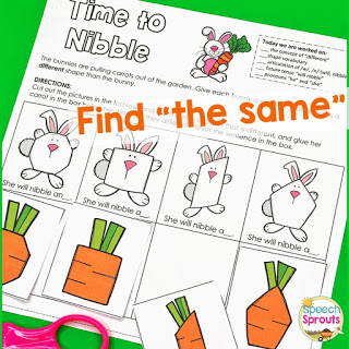 Folder games with bunnies and carrots to teach the concepts of "same" and "different" in speech therapy this spring.