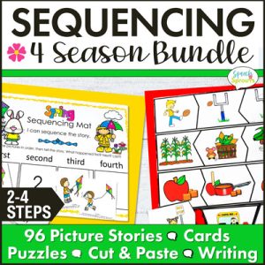 Four-season sequencing with pictures bundle. 96 picture stories. Includes picture cards, puzzles and cut and paste writing worksheets. A sequencing mat and cards showing a boy flying a kite and fall sequencing puzzles are shown.