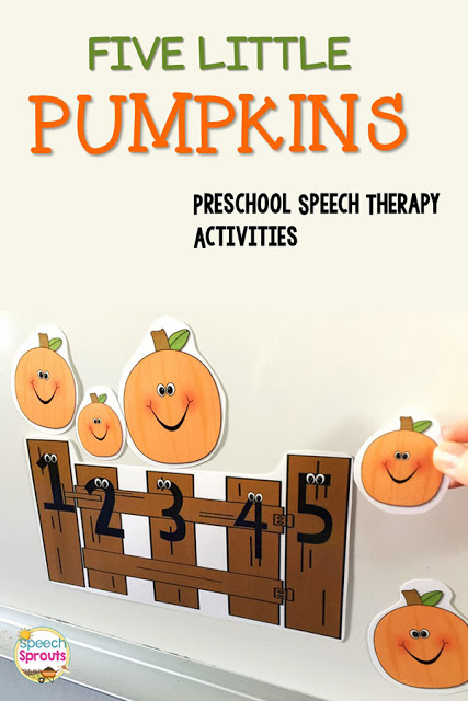 5 Pumpkin Theme Books and activities for preschool speech therapy including this Five Little Pumpkins story-telling pieces activity. #speechsprouts #preschool #speechtherapy #fall