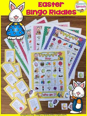 Easter Bingo Riddles- Guess the Rhyming riddles and target comprehension, naming to a description, seasonal vocabulary, inference and rhyme! By Speech Sprouts