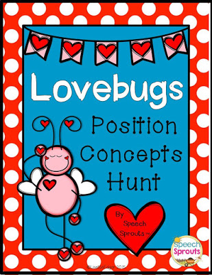 A preschool Valentine's day speech therapy freebie for position concepts- Lovebugs position concepts hunt