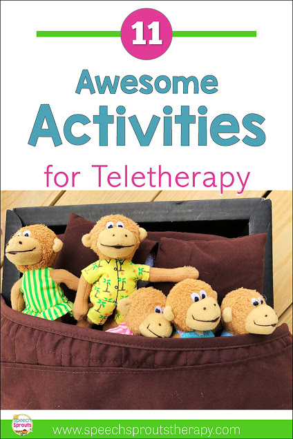 11 Awesome activities to make your speech teletherapy sessions online exciting! Use stuffed animals and puppets like this Five Little Monkeys set in preschool speech therapy. Read the post for more speech and language ideas. #speechsprouts #speechtherapy #teletherapy