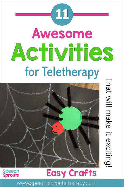 11 Awesome Activities for Speech Teletherapy to address speech and language goals. Try easy crafts like this construction paper spider craft with materials parent already have at home to make your speech therapy sessions online exciting. Read the post for more ideas. #speechsprouts #speechtherapy #teletherapy