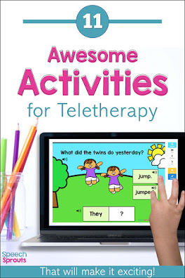 11 Awesome Activities for Speech Teletherapy! Engage your students online with this animated speech therapy Boom Card Deck that teaches regular past-tense ed verbs, WH questions and pronouns. Read the post to find more exciting speech therapy materials and activities for your speech and language sessions. #speechsprouts #speechtherapy #teletherapy