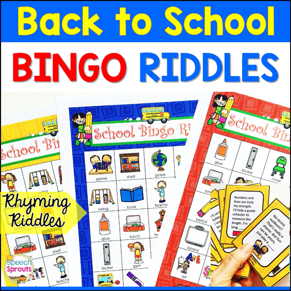 3 colorful bingo boards with a back to school theme. The calling cards have rhyming riddle clues for children to guess!