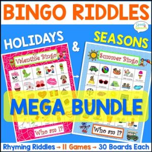 Bingo Riddles Holidays and Seasons Mega Bundle with rhyming riddles! The Valentine bingo board and Summer bingo board are just two of the 11 fun speech therapy games in this bundle! There are 30 boards for each game!