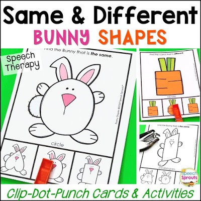 Clothespin task cards with bunny shapes and carrot shapes to teach the concepts of same and different in preschool speech therapy.