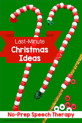 An easy candy cane craft made by adding red and white pony beads to a pipe cleaner. One of the no-prep Christmas speech therapy ideas. speechsprouts.com