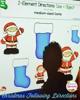 Learn how to use No-Print Activities in speech therapy on your I-Pad or computer like this Christmas Following Directions activity. Portable and no-prep materials that make organization easy. Terrific with toddlers, preschool and autism students. #speechsprouts #speechtherapy #noprint www.speechsproutstherapy.com