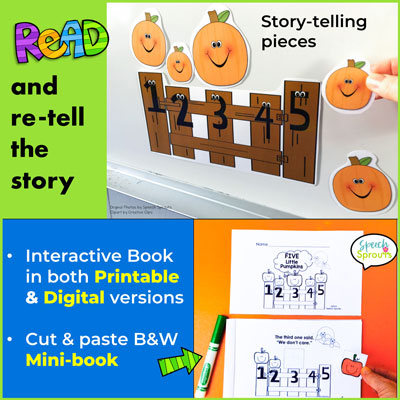 Read the Five Little Pumpkins sitting on a gate story and retell it with these pumpkin and fence magnet board pieces. This speech therapy set includes the story in both print and digital versions. Target 15 goals with 19 fun activities including this printable cut and paste Five Little Pumpkins mini-book .