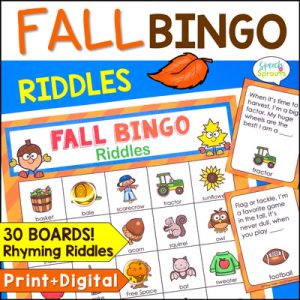 A fall-themed printable bingo gamewith fun pictures and rhyming riddle calling cards. Fall Bingo Riddles by Speech Sprouts.