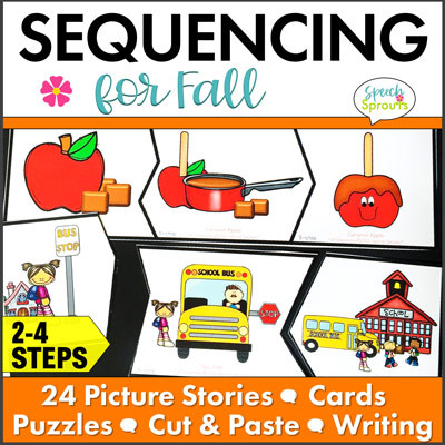 2-4 step sequencing activities for fall with cards, puzzles and cut and paste writing activities. #-step puzzles for making caramel apples and riding the bus to school are shown.