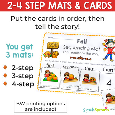 Fall sequencing activities with 2-4 step mats and picture cards. A 4-step mat is shown with four sequencing picture cards showing a girl making a jack-o-lantern.