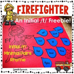 An easy firefighter craft for preschool speech therapy. The cute firefighter holding a firehose is printed on red construction paper. Children cut out and glue blue water drops (which have their articulation words) onto the page. speechsprouts.com