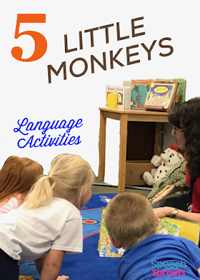 Five Little Monkeys Language activities. The SLP is sitting on the floor, holding the 5 Little Monkeys Swinging in a Tree book and a crocodile puppet with four children around her.