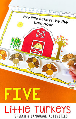 Five Little Turkeys is just one of the fabulous fall songs and fingerplays for preschool speech therapy in this post. Lisette shares links to the best Youtube videos to teach them, speech and language targets and more autumn speech and language activities for your fall themes. #speechsprouts #speechandlanguage #preschool #fallpreschoolactivities #turkeytheme #fingerplays