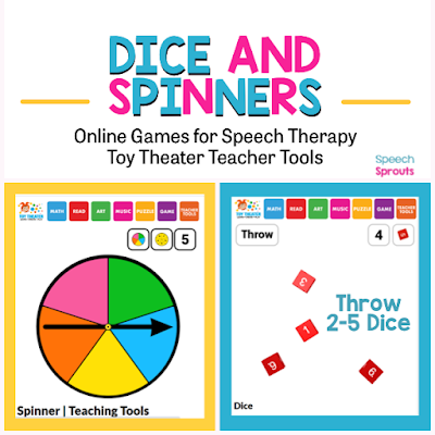 Find 27 terrific teletherapy speech therapy activities including open-ended online games, spinners and dice that make planning easy!  #speechsprouts #speechtherapygames  #speechtherapy #teletherapy