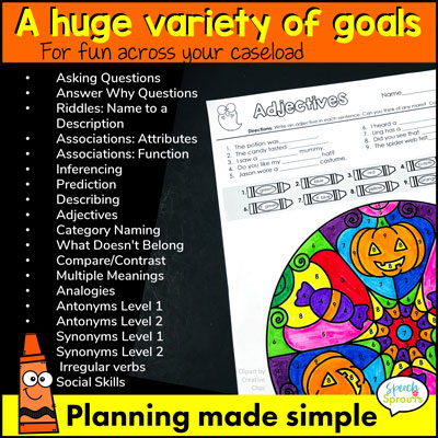 A list of 18 speech therapy goals and a colorful sample page with pumpkins and candy of this Halloween mandala color by number set