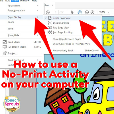 Learn how to use No-Print Activities in speech therapy on your I-Pad or computer like this Wheels on the Bus Back to School activity. Portable and no-prep materials that make organization easy. Terrific with toddlers, preschool and autism students. #speechsprouts #speechtherapy #noprint www.speechsproutstherapy.com