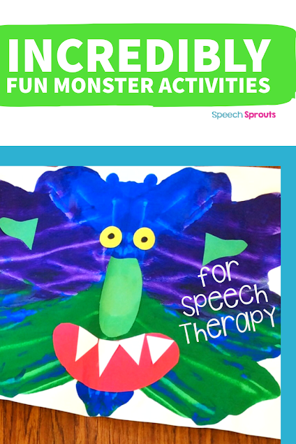 A fun monster art activity for preschool speech therapy. This  purple and green "Squish Monster" face was made with tempera paint and cut-out construction paper body parts.