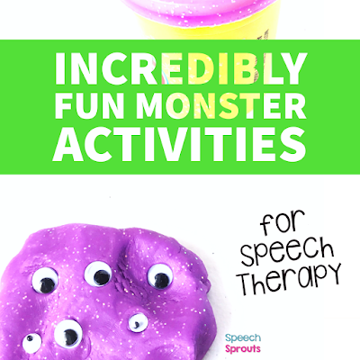 This purple playdough monster with googly eyes is one of the incredibly fun monster themed activities for preschool speech therapy in this blog post.