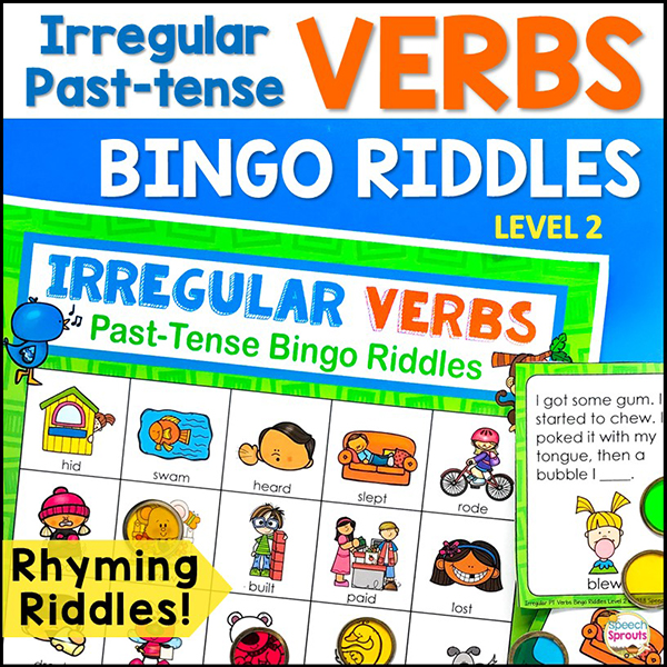Irregular Past-tense verbs Bingo Riddles. A colorful printable bingo board with pictured past-tense verbs. and rhyming riddle calling cards for speech therapy. from Speech Sprouts