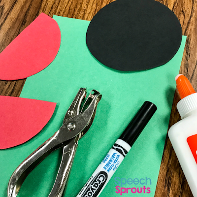 Construction paper, glue. a marker and a hole punch are all that's needed to make an adorable ladybug craft in preschool speech therapy. Read the post for ladybug storybook and song ideas too! www.speechsproutstherapy.com