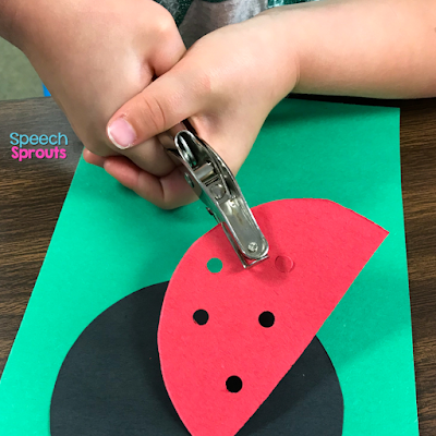 A hole punch makes the spots in the red ladybug wings in this construction paper ladybug craft. Read the post for ladybug storybook and song ideas too! www.speechsproutstherapy.com