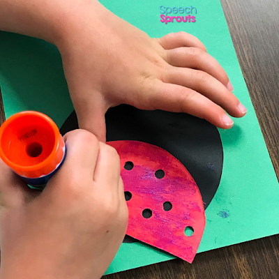 Glue the red ladybug wings on a black circle in this adorable construction paper ladybug craft. Read the post for ladybug storybook and song ideas too! www.speechsproutstherapy.com