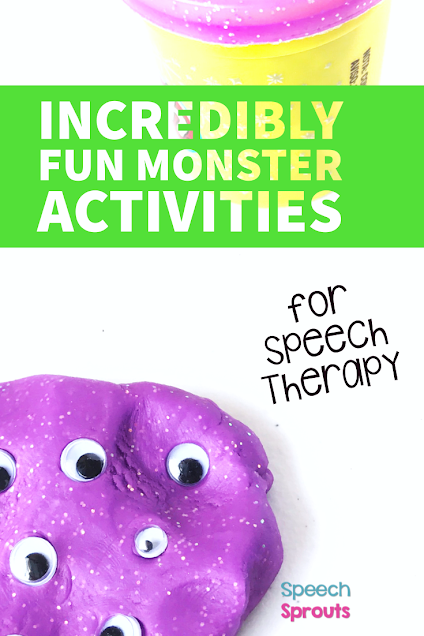 A fun preschool monster theme activity for speech therapy. This purple playdough was squished flat, then numerous wiggle eyes were added for some monster fun!