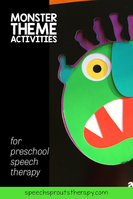 Monster theme activities for preschool speech therapy. The green monster with the big red mouth who is peeking from the side is the fun character from the picture book Go Away Big Green Monster