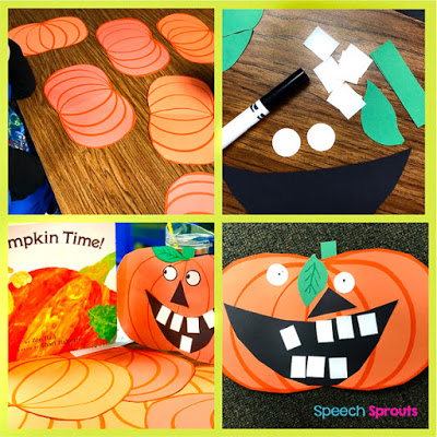 Step by Step directions to make a paper Jack-o-Lantern- plus more terrific pumpkin-themed books and activities for preschool speech therapy this fall. #speechsprouts #speechtherapy #speechandlanguage #fall #pumpkincraft, #preschool