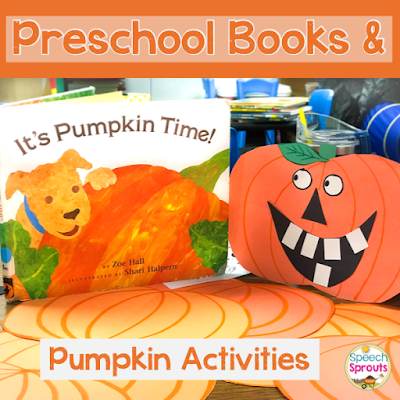 Read these 5 terrific pumpkin books for preschoolers plus fun pumpkin activities for preschool speech therapy this fall like the book It's Pumpkin Time! speechsprouts.com