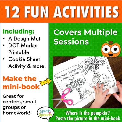 12 fun pumpkin activities for preschool including a dough mat, dot marker printable, cookie sheet activity and a cut and paste B&W minibook